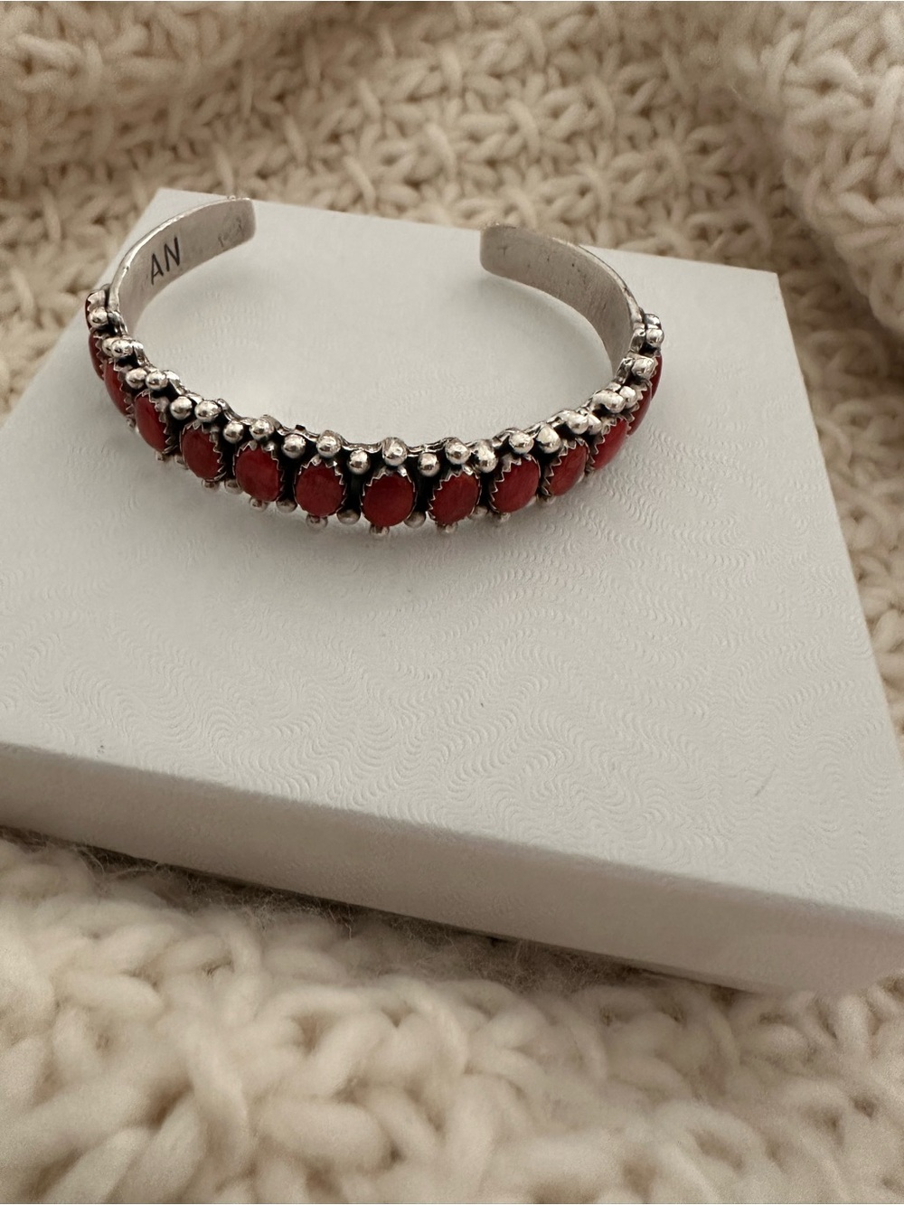 Sterling Silver Red  coral cuff bracelet stamped, Native American Made